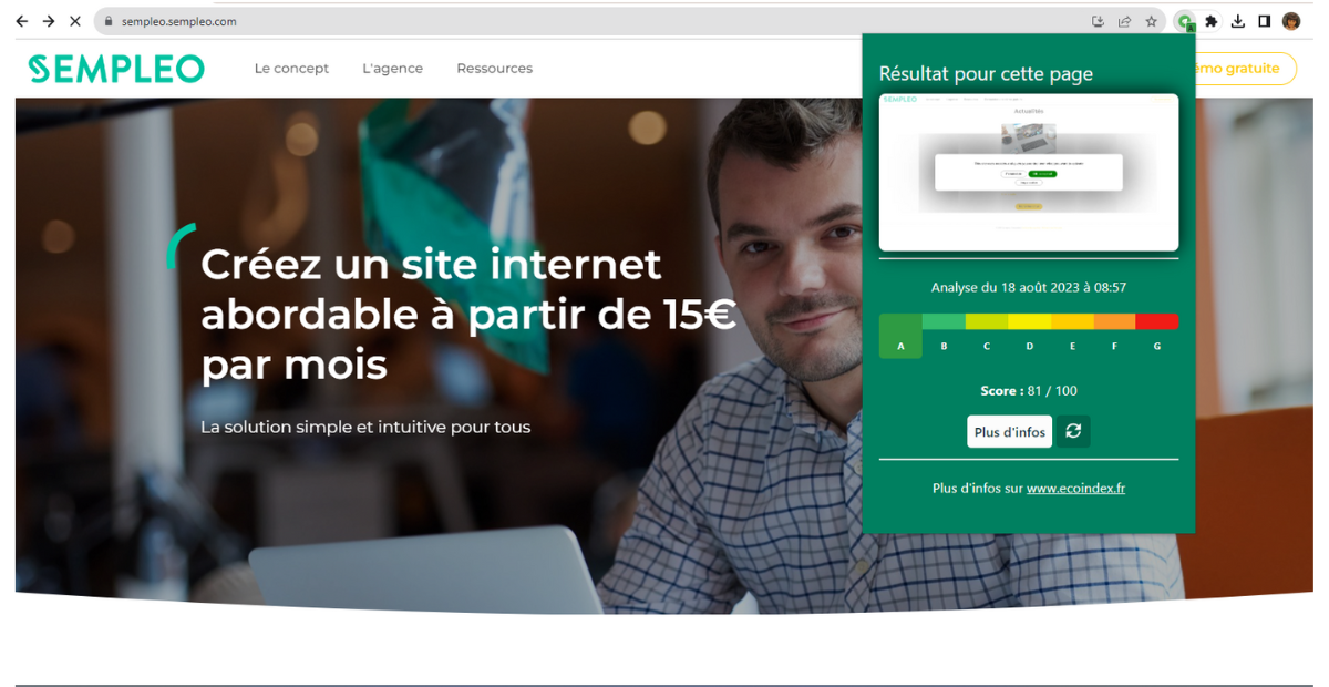 Le site internet Sempleo.com reçoit la note de A à l'énalyse EcoIndex.